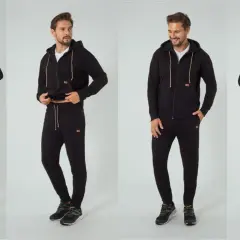 Mężczyzna prezentuje czarny dres sportowy męski z kapturem i zamkiem. Idealny na co dzień i trening.