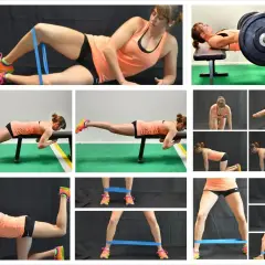 Kobieta wykonuje ćwiczenia na pośladki i nogi, w tym hip thrust ze sztangą, ćwiczenia z gumą oporową i na ławce.