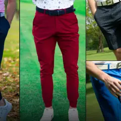 Mężczyzna w czerwonych spodenkach męskich na polu golfowym. Obok prezentowane są też granatowe spodnie i niebieskie szorty.