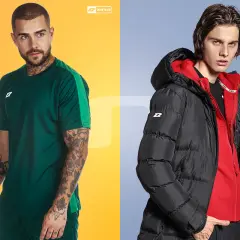 Dwóch mężczyzn w sportowych stylizacjach. Jeden w zielonej koszulce, drugi w czarnej, puchowej bluzie ortalionowej z czerwoną podszewką.