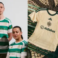 Dwie osoby w zielono-białych koszulkach Celtic, obok leży beżowa koszulka Celtic z zielonymi detalami.