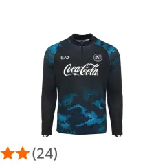 Czarna bluza treningowa z niebieskim, geometrycznym wzorem. Logo EA7, Coca-Cola i herb Napoli. Idealna dla kibica SSC Napoli.