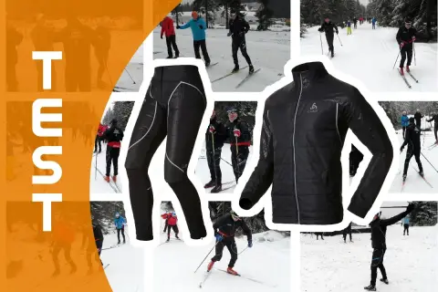 Kolaż zdjęć osób jeżdżących na nartach biegowych w zimowej scenerii, z widocznym czarnym ortalionowym kompletem odzieży sportowej.