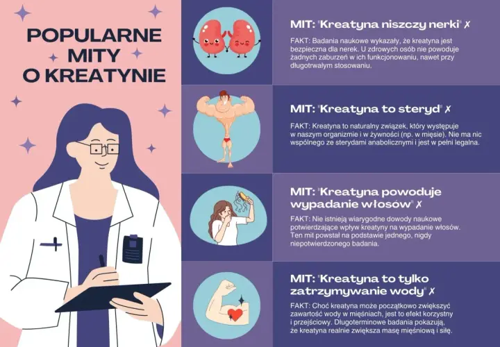 Grafika obala popularne mity o kreatynie, wyjaśniając co to jest i jak działa. Pokazuje m.in. że nie niszczy nerek ani nie powoduje wypadania włosów.