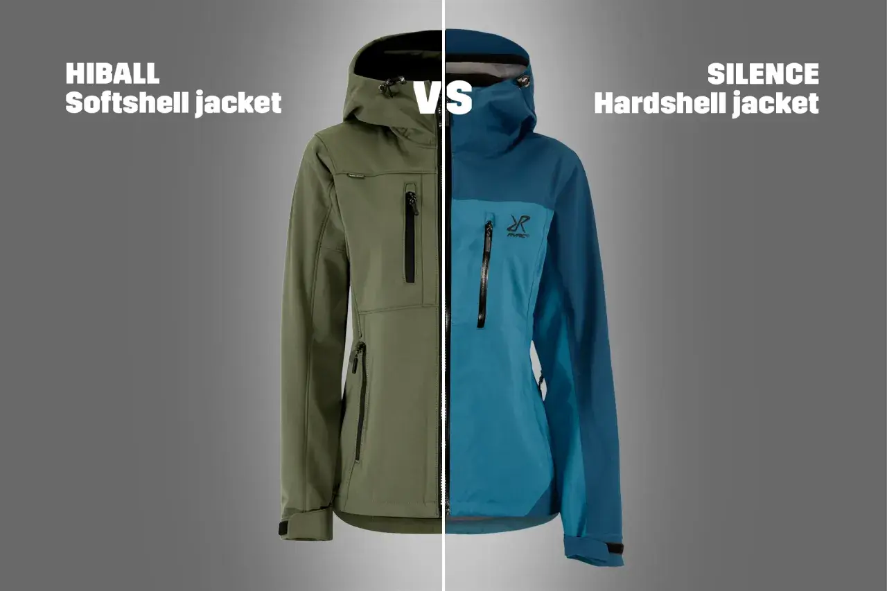 Zielona kurtka softshell i niebieska kurtka hardshell, porównanie odzieży wierzchniej.