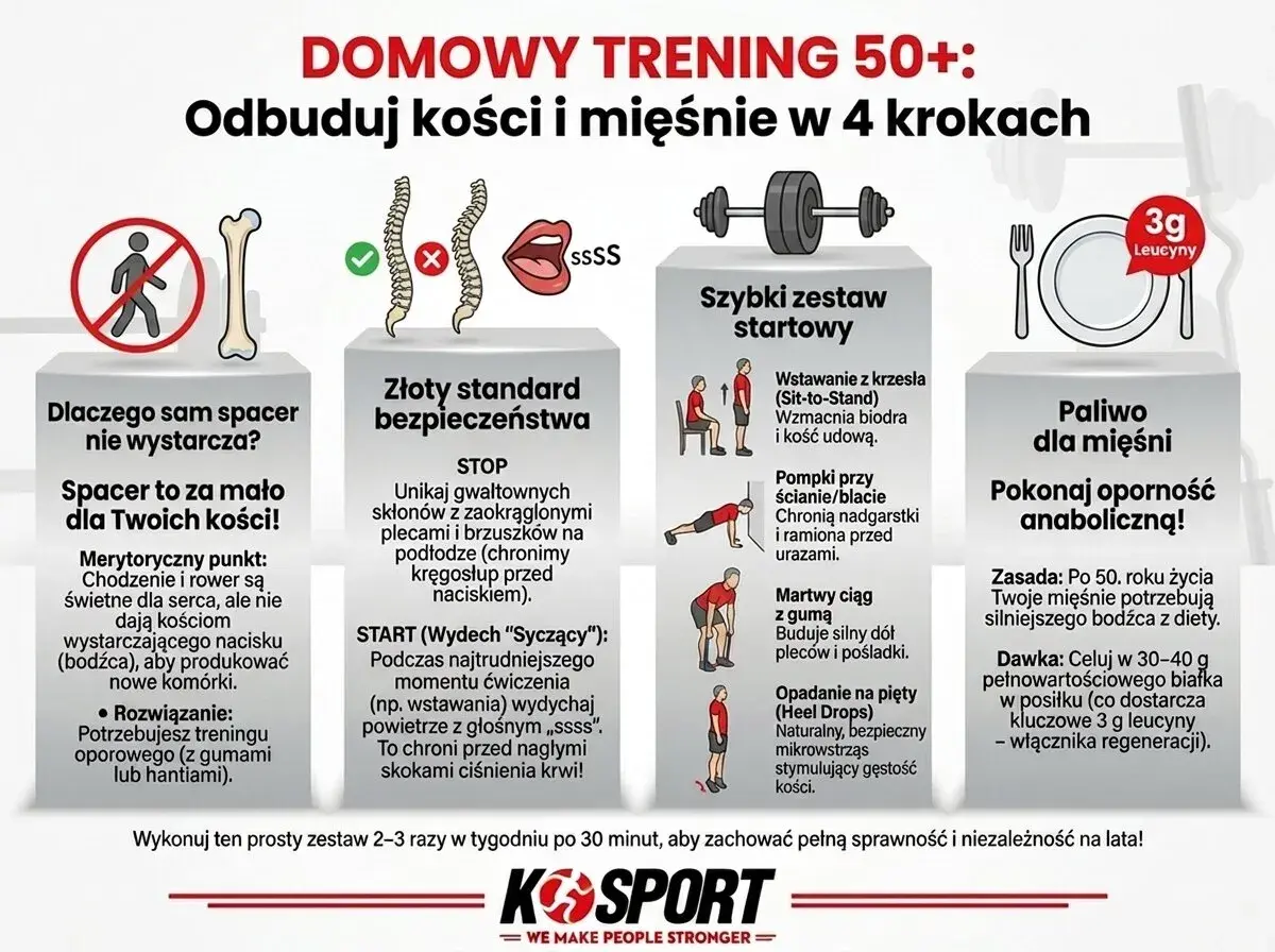 Domowy trening siłowy 50+ dla zdrowych kości i mięśni. Zestaw ćwiczeń, bezpieczeństwo i dieta.