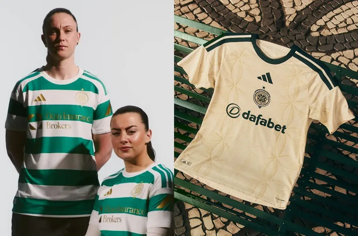 Dwie osoby w zielono-białych koszulkach Celtic, obok leży beżowa koszulka Celtic z zielonymi detalami.