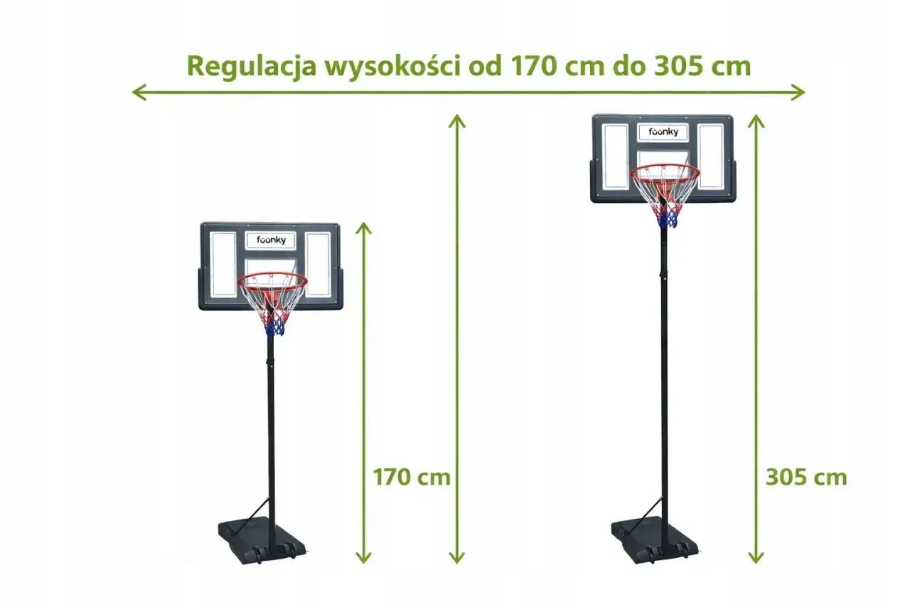 Dwa kosze do koszykówki z regulowaną wysokością od 170 cm do 305 cm, idealne dla graczy w każdym wieku.
