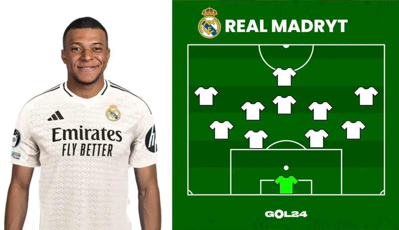 Kylian Mbappé w koszulce Realu Madryt, obok schematu taktycznego.